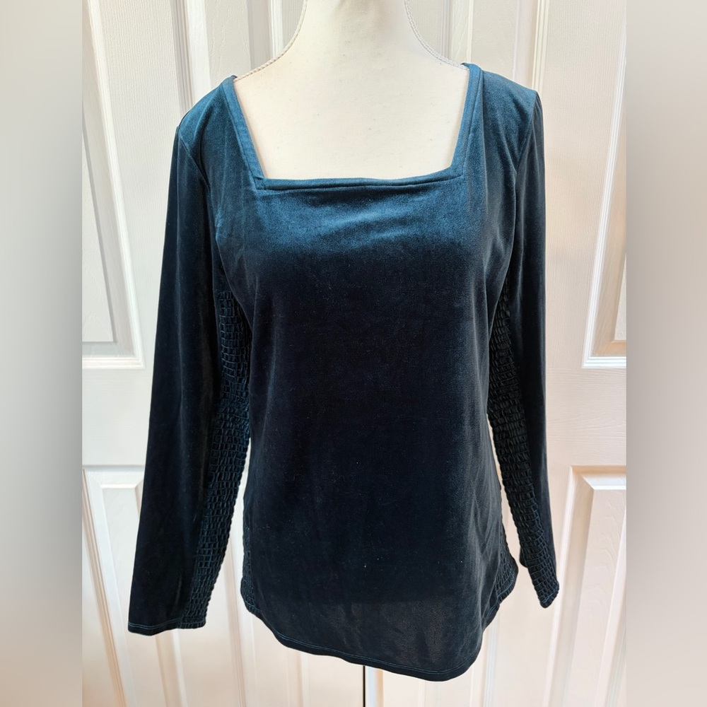 Sundance Blue/Teal Elena Velvet Square Neck Smocked Detail Top Size S